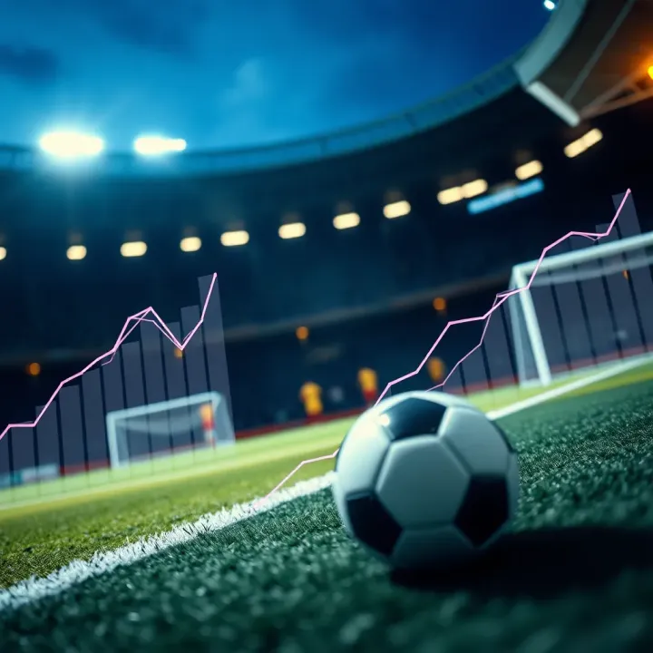Football pitch with graphical overlays showing statistical data and score predictions