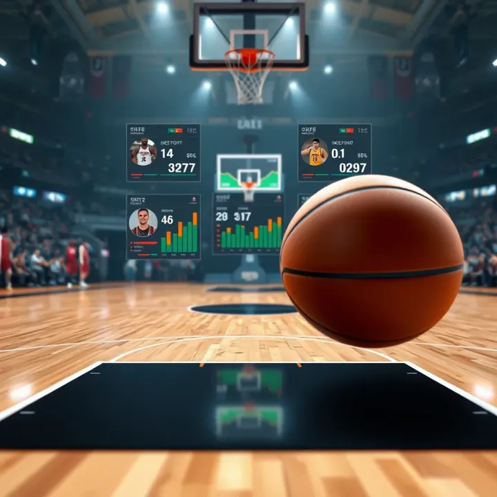 Basketball court with dynamic team statistics overlays showing player performance metrics and scoring trends