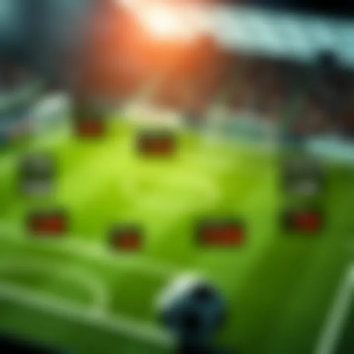 Football pitch displaying various match tactics and score prediction metrics