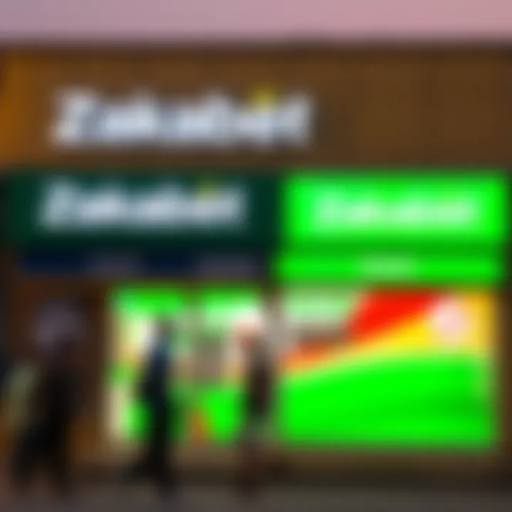 Exterior view of a Zakabet physical betting shop with a bright storefront and Nigerian customers outside
