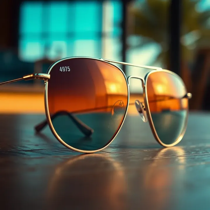 Classic aviator glasses with thin metal frames and teardrop-shaped lenses reflecting a sunny outdoor setting