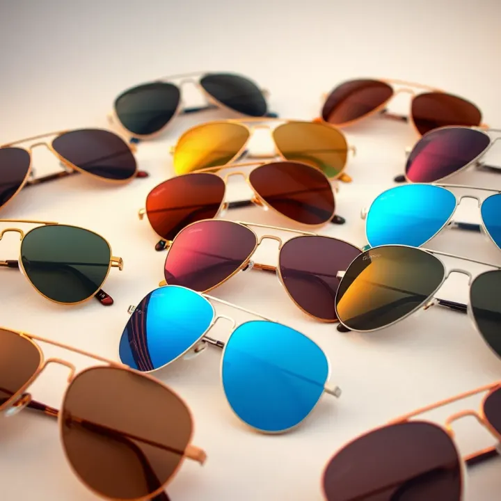 Variety of aviator glasses displayed on a neutral background showing different lens colors and frame finishes