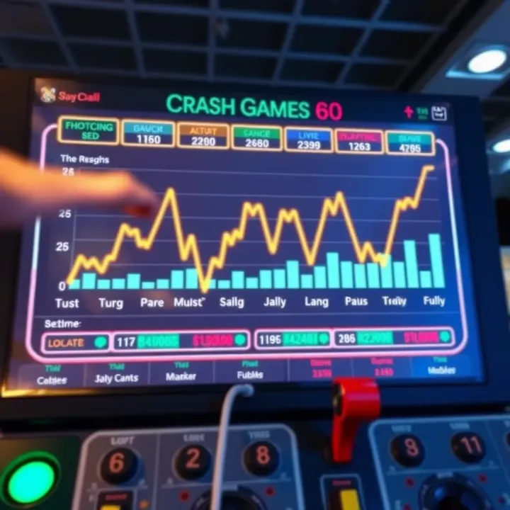 Graphic representation of a digital crash game interface showing fluctuating graph lines and betting options