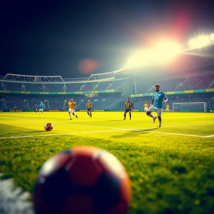 Football pitch with players competing during a Nigeria football league match under stadium lights