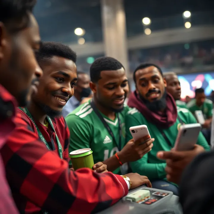 Nigerian football fans engaging with sports betting platforms during World Cup matches