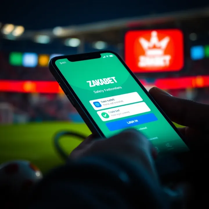 Mobile phone showing secure login screen of Zakabet app with safety features highlighted