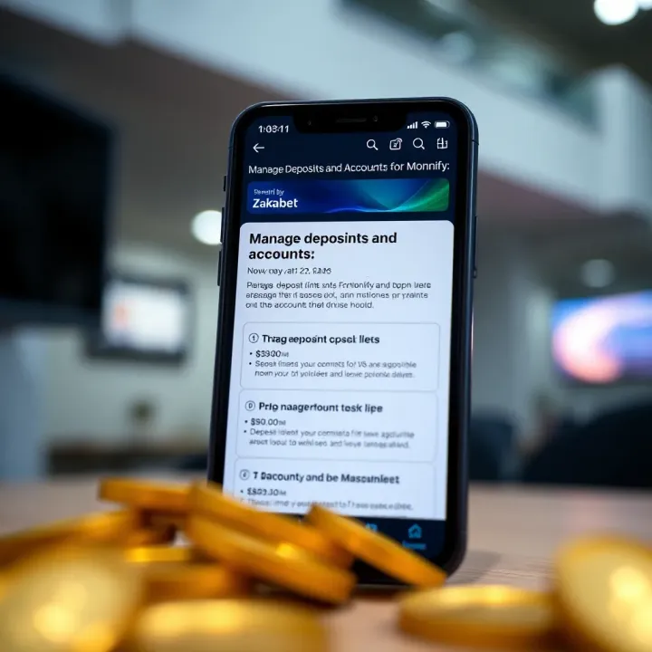 Graphic displaying a smartphone screen with a financial app interface highlighting deposit limits and tips for account management