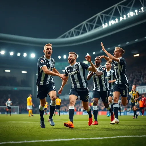 Newcastle United Celebrates Premier League Success A vibrant graphic showing Newcastle United players celebrating a goal in a Premier League match